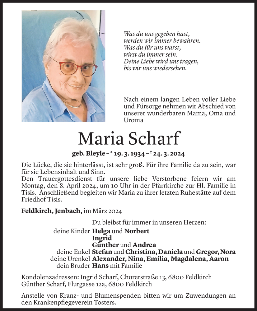  Todesanzeige für Maria Scharf vom 02.04.2024 aus Vorarlberger Nachrichten