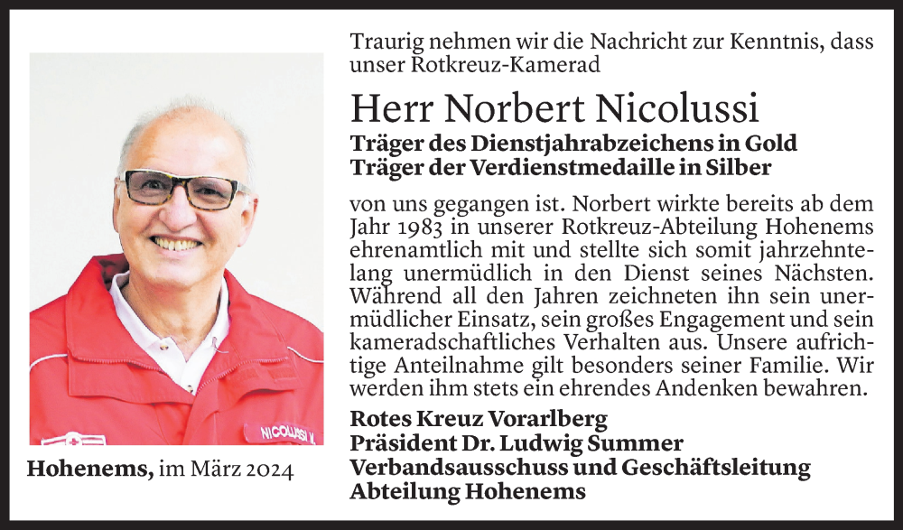  Todesanzeige für Norbert Nicolussi vom 12.03.2024 aus Vorarlberger Nachrichten