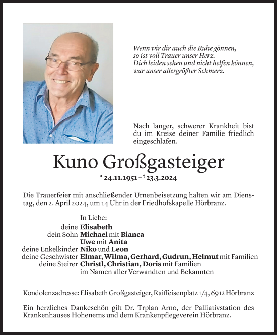 Todesanzeige von Kuno Großgasteiger von Vorarlberger Nachrichten