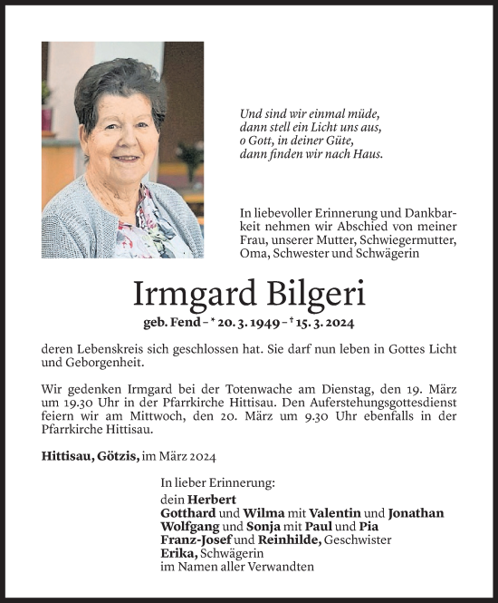 Todesanzeige von Irmgard Bilgeri von Vorarlberger Nachrichten