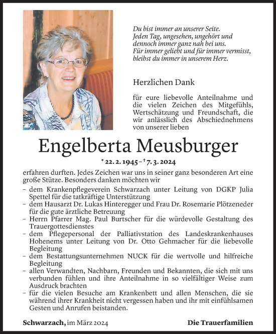 Todesanzeige von Engelberta Meusburger von Vorarlberger Nachrichten