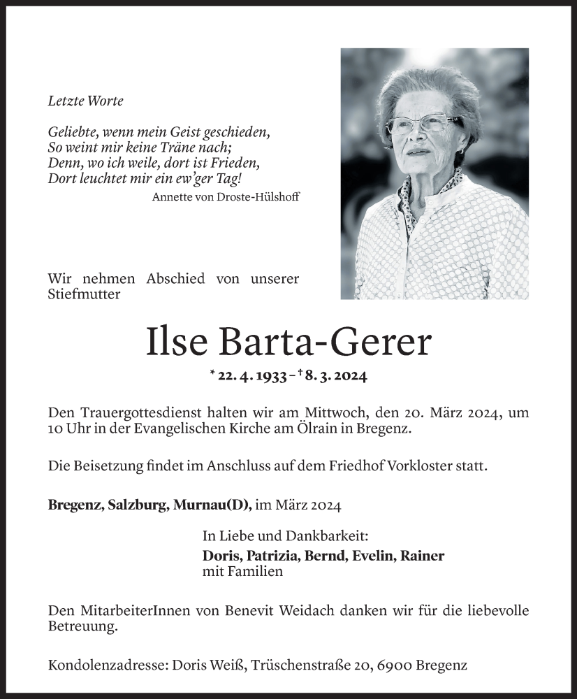  Todesanzeige für Ilse Barta Gerer vom 15.03.2024 aus Vorarlberger Nachrichten