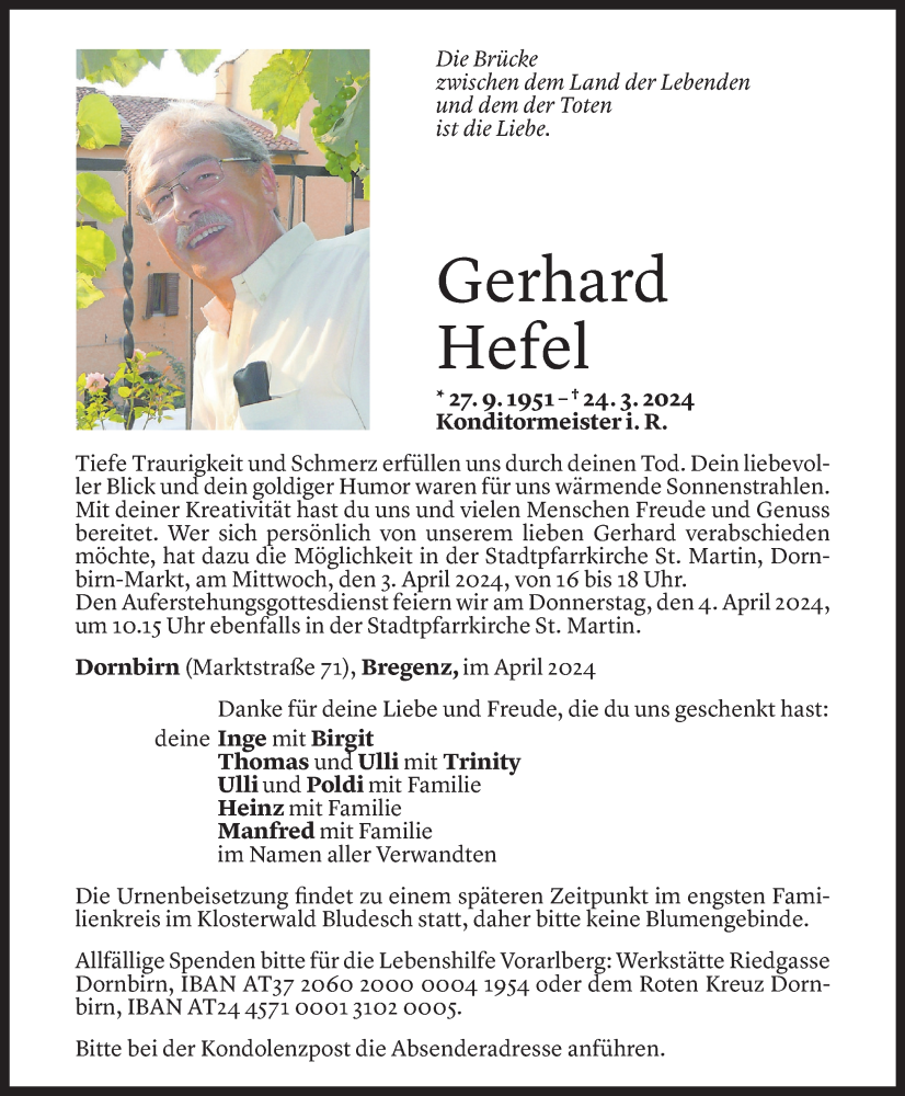  Todesanzeige für Gerhard Hefel vom 28.03.2024 aus Vorarlberger Nachrichten
