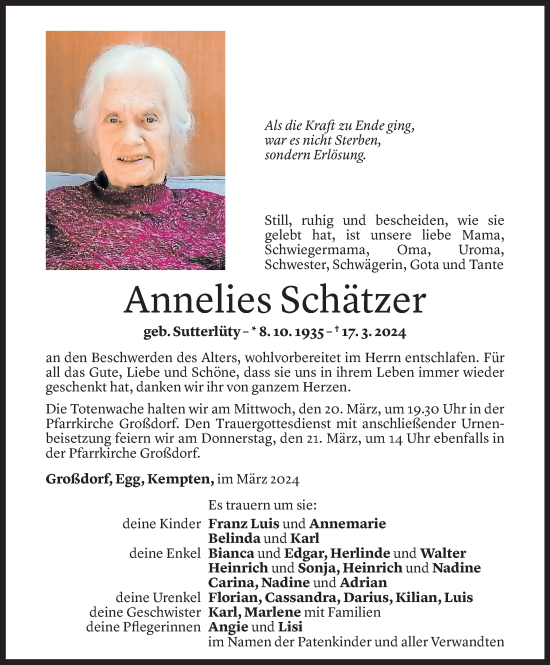Todesanzeige von Annelies Schätzer von Vorarlberger Nachrichten