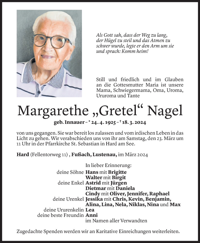  Todesanzeige für Margarethe Nagel vom 21.03.2024 aus Vorarlberger Nachrichten
