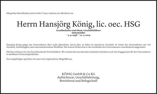 Todesanzeige von Hansjörg König von Vorarlberger Nachrichten