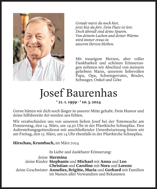 Todesanzeige von Josef Baurenhas von Vorarlberger Nachrichten