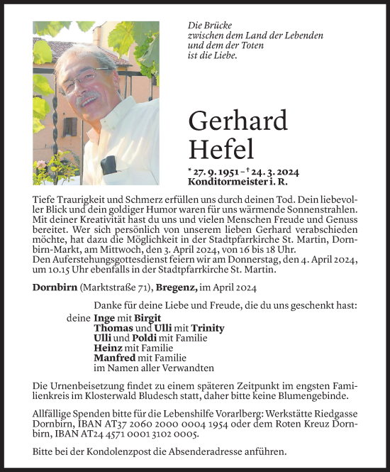 Todesanzeige von Gerhard Hefel von Vorarlberger Nachrichten
