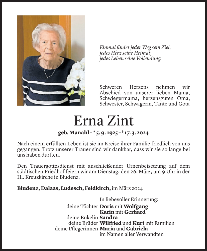  Todesanzeige für Erna Zint vom 21.03.2024 aus Vorarlberger Nachrichten