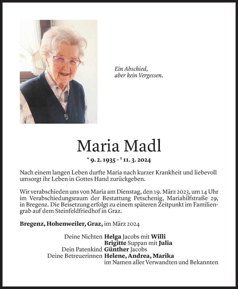  Todesanzeige für Maria Madl vom 14.03.2024 aus Vorarlberger Nachrichten