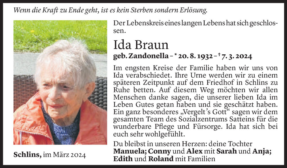  Todesanzeige für Ida Braun vom 14.03.2024 aus Vorarlberger Nachrichten