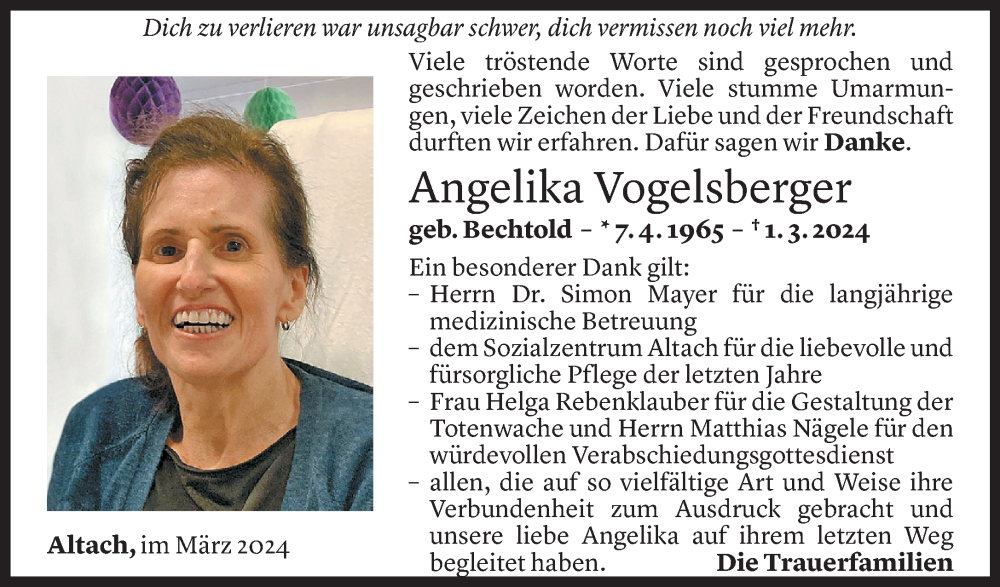  Todesanzeige für Angelika Vogelsberger vom 24.03.2024 aus Vorarlberger Nachrichten