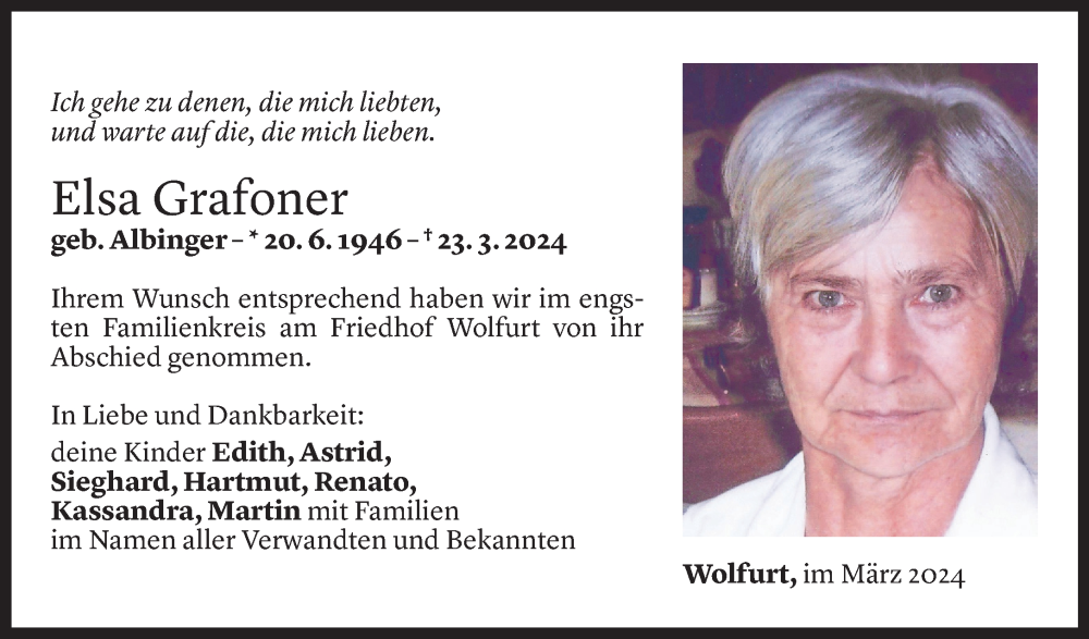  Todesanzeige für Elsa Grafoner vom 30.03.2024 aus Vorarlberger Nachrichten