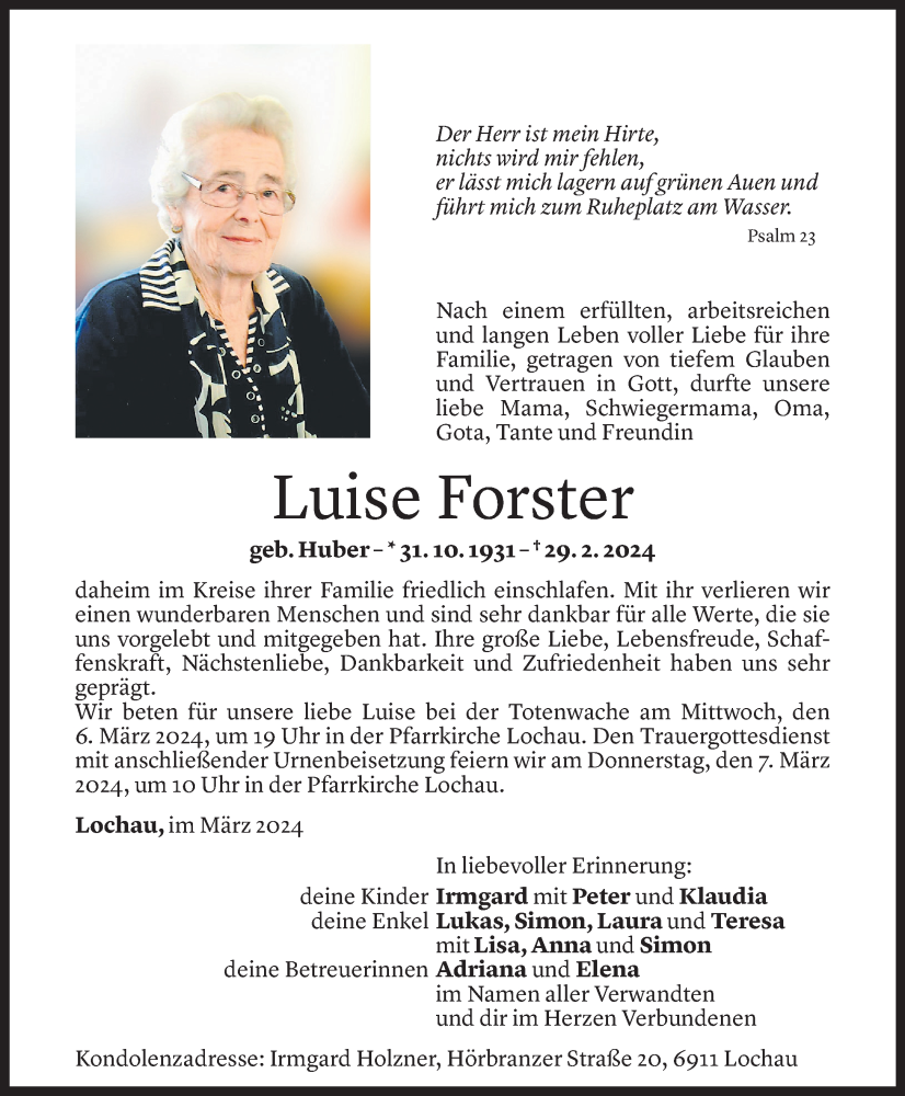  Todesanzeige für Luise Forster vom 05.03.2024 aus Vorarlberger Nachrichten