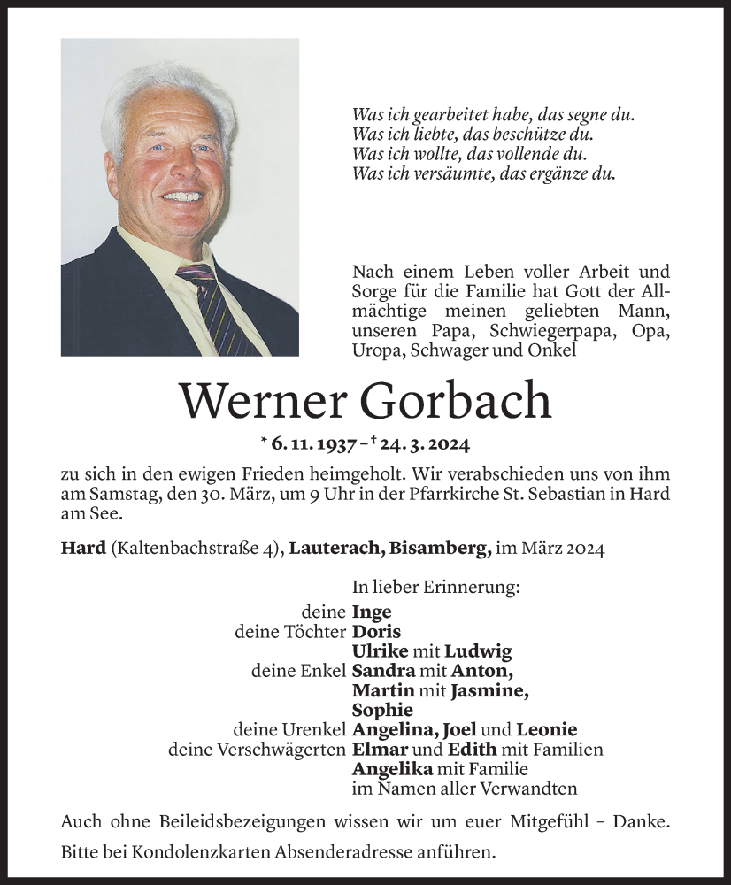  Todesanzeige für Werner Gorbach vom 27.03.2024 aus Vorarlberger Nachrichten