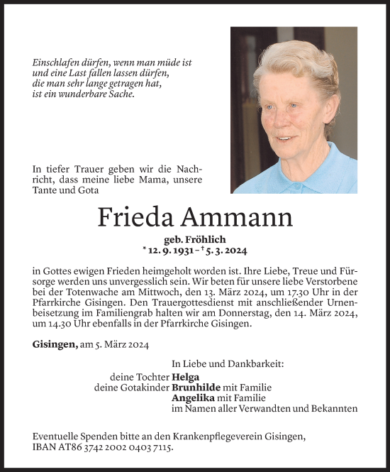 Todesanzeige von Frieda Ammann von Vorarlberger Nachrichten