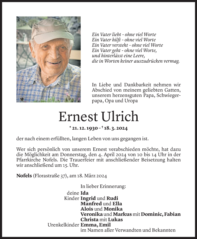  Todesanzeige für Ernest Ulrich vom 01.04.2024 aus Vorarlberger Nachrichten