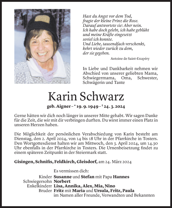 Todesanzeige von Karin Schwarz von Vorarlberger Nachrichten