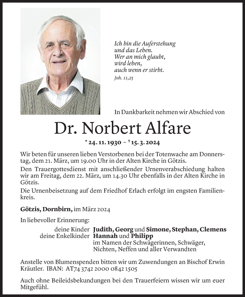  Todesanzeige für Norbert Alfare vom 20.03.2024 aus Vorarlberger Nachrichten