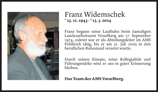 Todesanzeige von Franz Widemschek von Vorarlberger Nachrichten