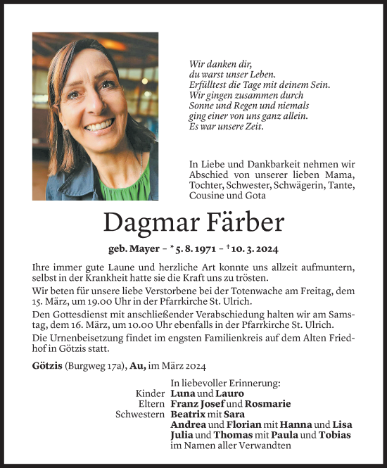 Todesanzeige von Dagmar Färber von Vorarlberger Nachrichten