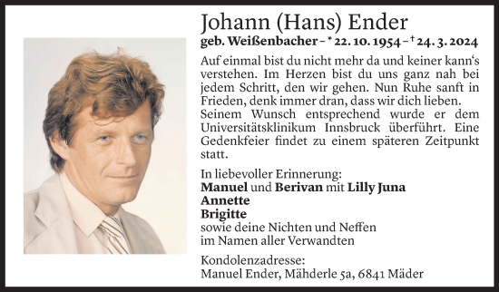 Todesanzeige von Johann Ender von Vorarlberger Nachrichten