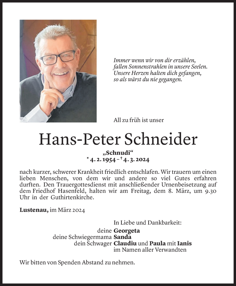  Todesanzeige für Hans-Peter Schneider vom 06.03.2024 aus Vorarlberger Nachrichten