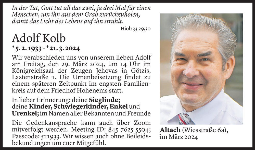  Todesanzeige für Adolf Kolb vom 27.03.2024 aus Vorarlberger Nachrichten