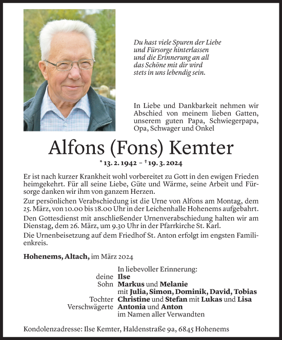 Todesanzeige von Alfons Kemter von Vorarlberger Nachrichten