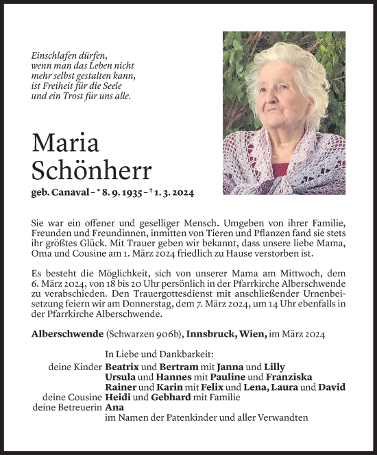 Todesanzeige von Maria Schönherr von Vorarlberger Nachrichten