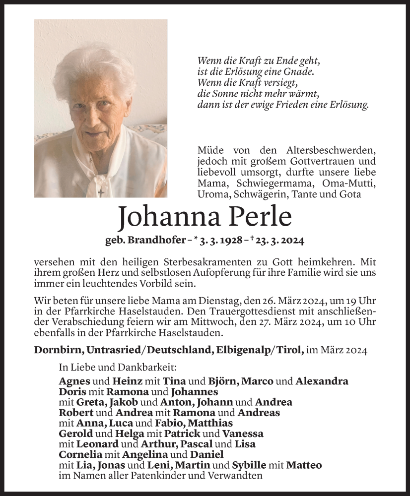  Todesanzeige für Johanna Perle vom 25.03.2024 aus Vorarlberger Nachrichten