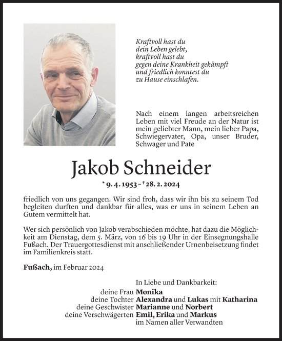 Todesanzeige von Jakob Schneider von Vorarlberger Nachrichten