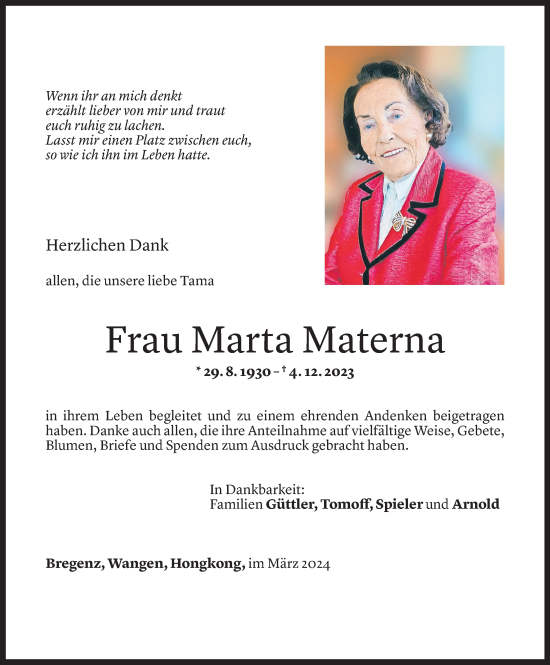Todesanzeige von Marta Materna von Vorarlberger Nachrichten