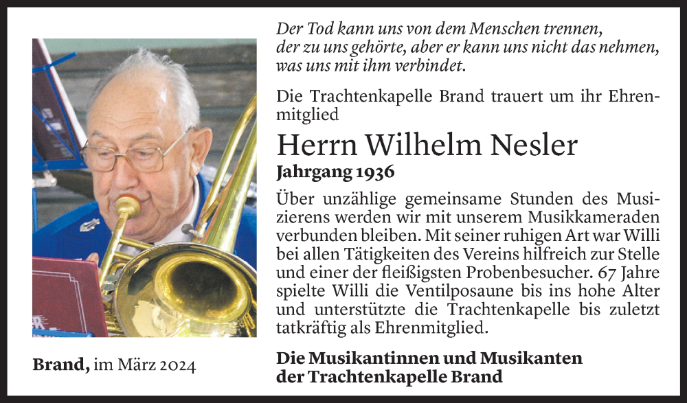  Todesanzeige für Wilhelm Nesler vom 28.03.2024 aus Vorarlberger Nachrichten