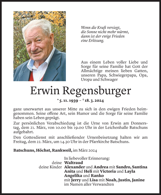 Todesanzeige von Erwin Regensburger von Vorarlberger Nachrichten