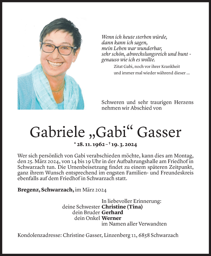  Todesanzeige für Gabriele Gasser vom 22.03.2024 aus Vorarlberger Nachrichten