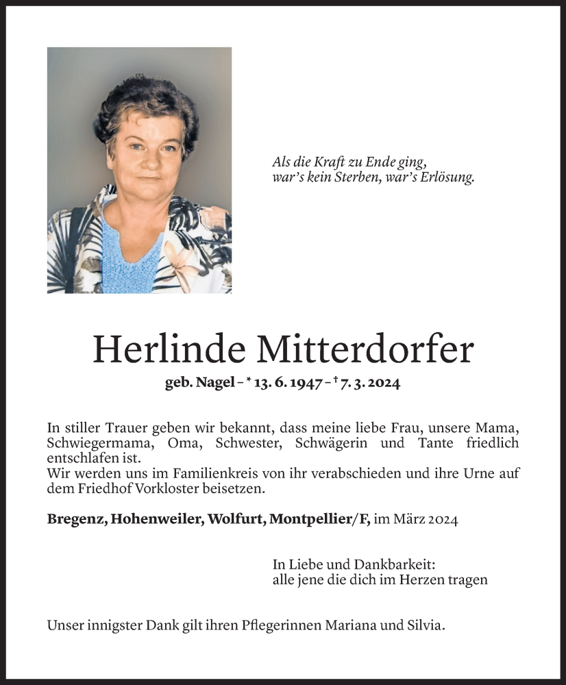  Todesanzeige für Herlinde Mitterdorfer vom 22.03.2024 aus Vorarlberger Nachrichten