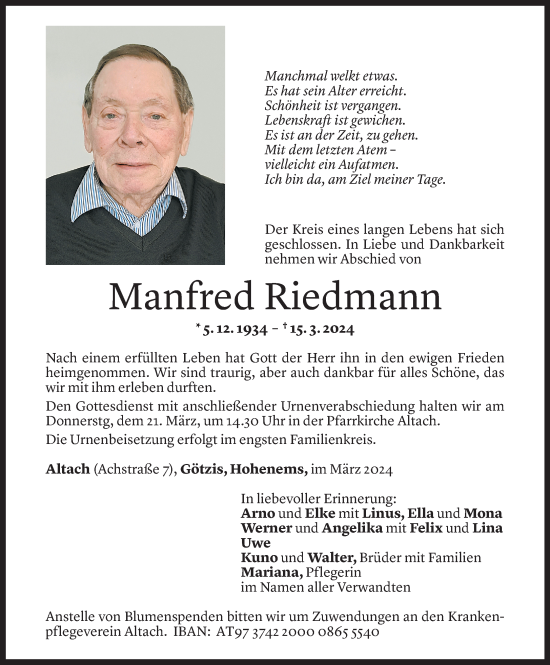 Todesanzeige von Manfred Riedmann von Vorarlberger Nachrichten