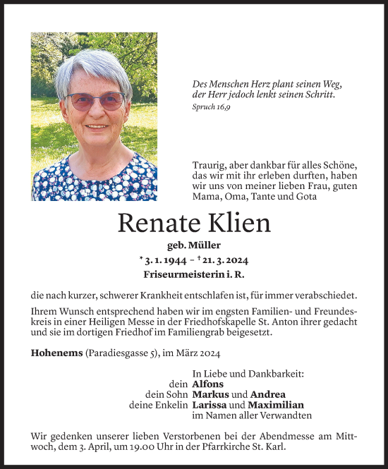 Todesanzeige von Renate Klien von Vorarlberger Nachrichten