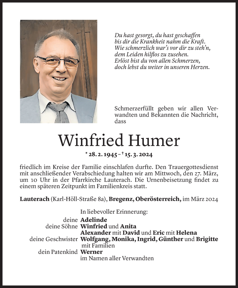  Todesanzeige für Winfried Humer vom 23.03.2024 aus Vorarlberger Nachrichten