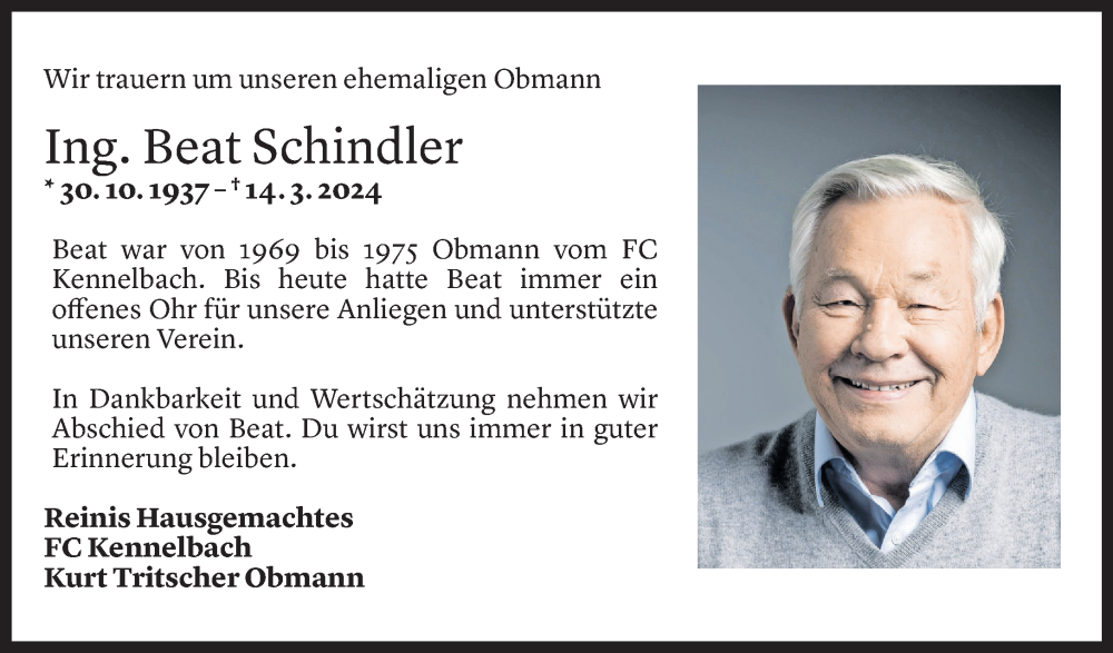  Todesanzeige für Beat Schindler vom 22.03.2024 aus Vorarlberger Nachrichten