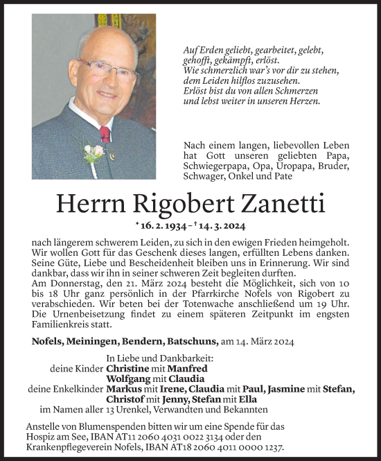 Todesanzeige von Rigobert Zanetti von Vorarlberger Nachrichten