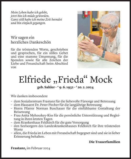 Todesanzeige von Elfriede Mock von Vorarlberger Nachrichten
