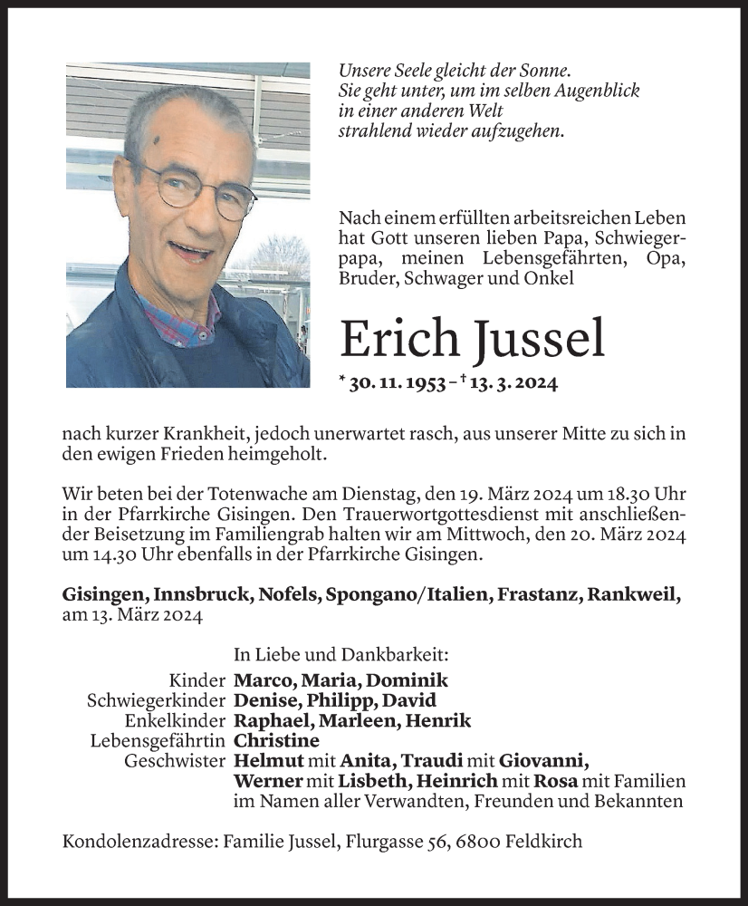  Todesanzeige für Erich Jussel vom 16.03.2024 aus Vorarlberger Nachrichten