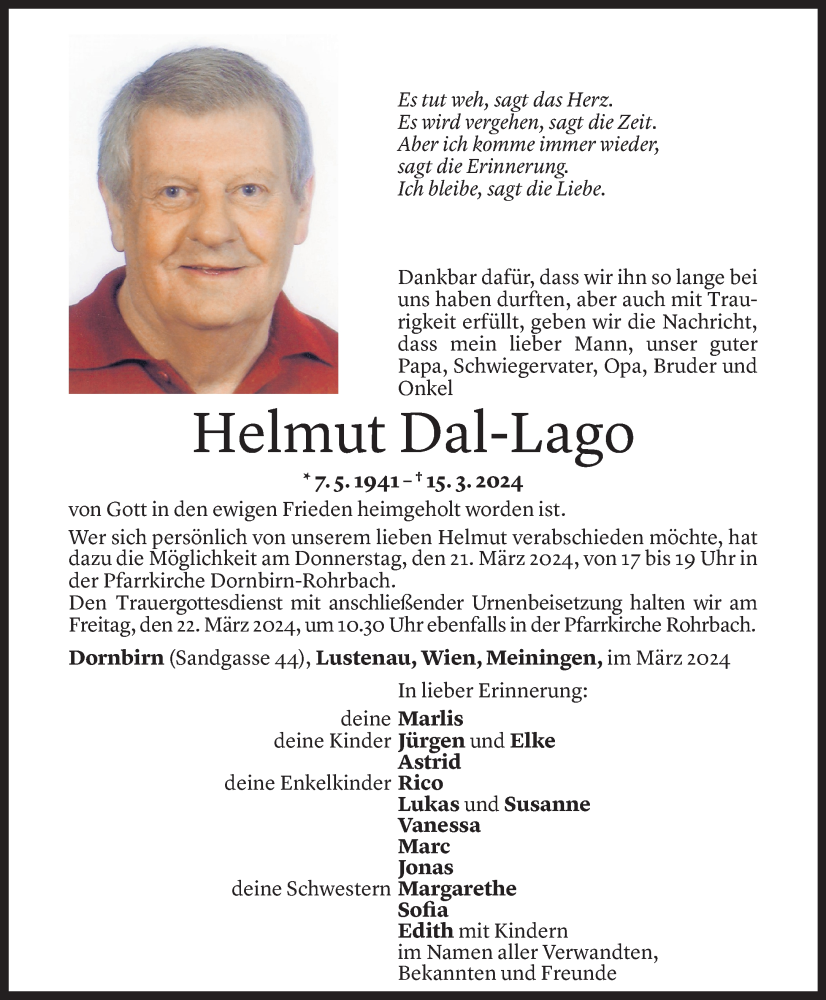  Todesanzeige für Helmut Dal Lago vom 19.03.2024 aus Vorarlberger Nachrichten