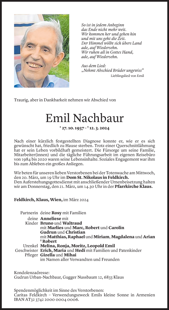  Todesanzeige für Emil Nachbaur vom 15.03.2024 aus Vorarlberger Nachrichten