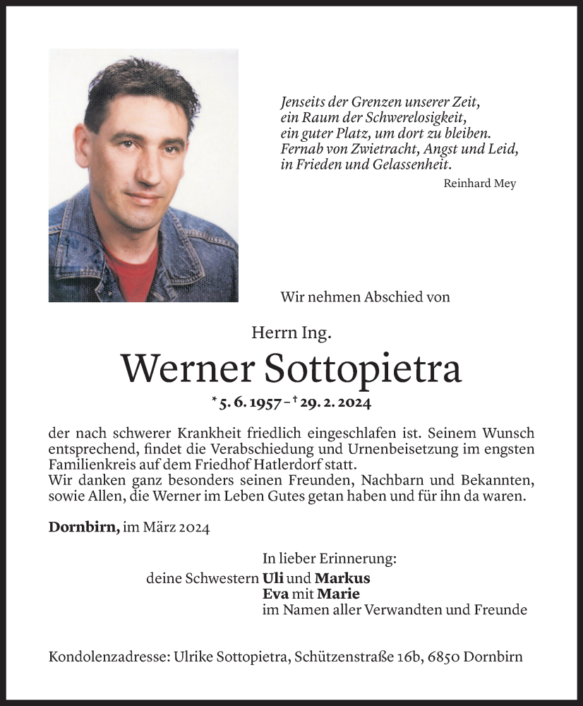  Todesanzeige für Werner Sottopietra vom 09.03.2024 aus Vorarlberger Nachrichten