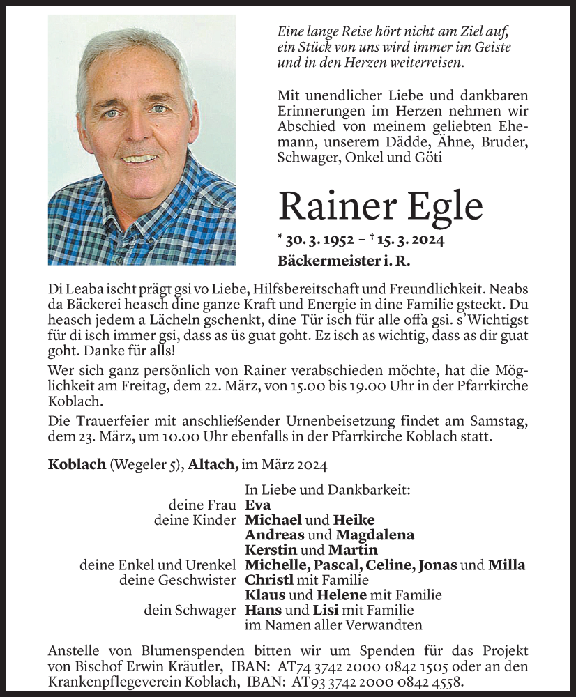  Todesanzeige für Rainer Egle vom 20.03.2024 aus Vorarlberger Nachrichten