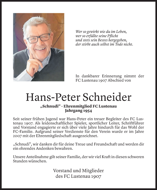 Todesanzeige von Hans-Peter Schneider von Vorarlberger Nachrichten