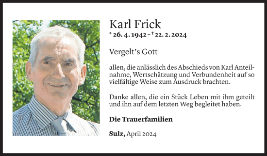 Todesanzeige von Karl Frick von Vorarlberger Nachrichten